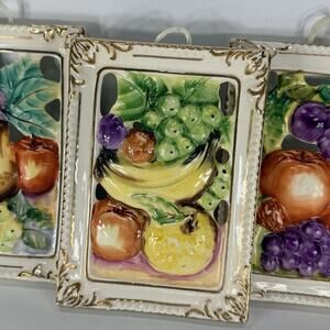 Set 3 Vintage Ucago Cearmic Fruit Plaques Framed 7" Gallery Wall Kitchen Cottage
